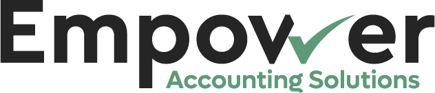 Empower Accounting Solutions logo with "Empower" in bold black text and "Accounting Solutions" in smaller green text; the "v" in "Empower" is styled as a green check mark.